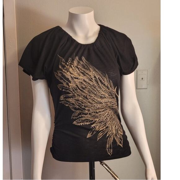 Vintage 80s Feather Wing Rhinestone Open Back Blouse Sz Medium Retro Kitschy - Picture 1 of 10